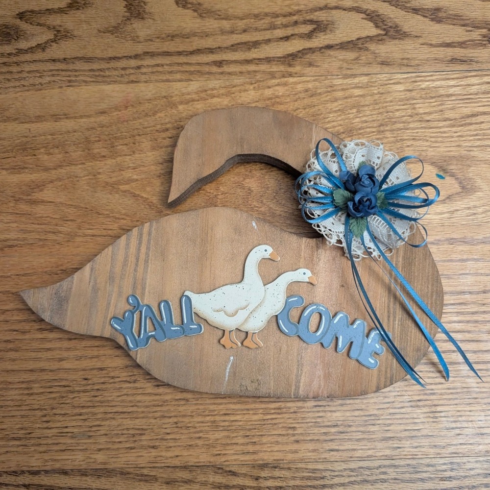 Vintage Country Wooden Swan Wall Plaque Y'ALL COME Goose Decor Blue Floral Lace